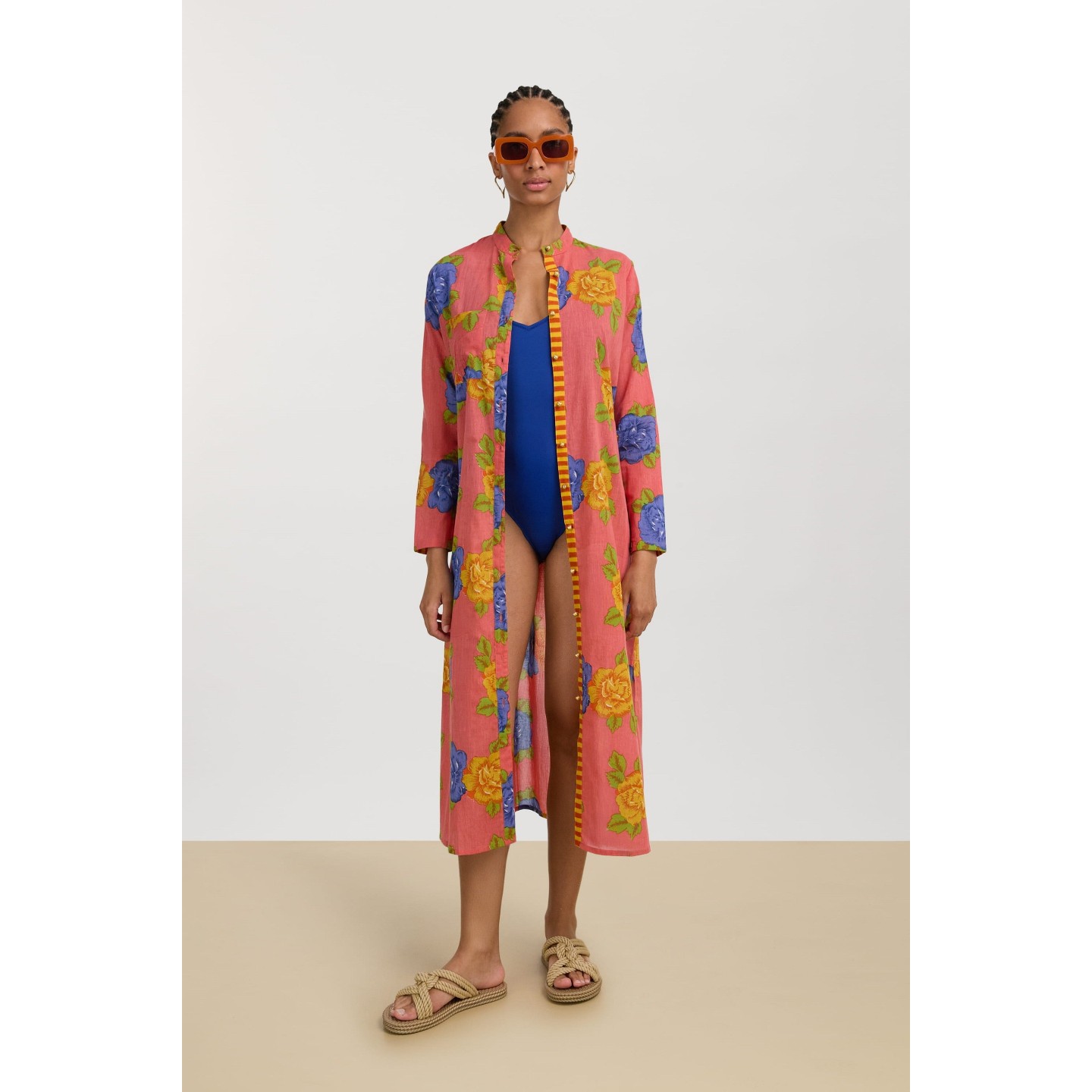 Long  Kurta Big Flower Old Pink