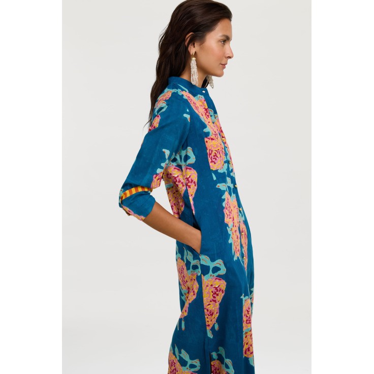 Kurta Lunga Aperta Leopard Flower Dark Teal