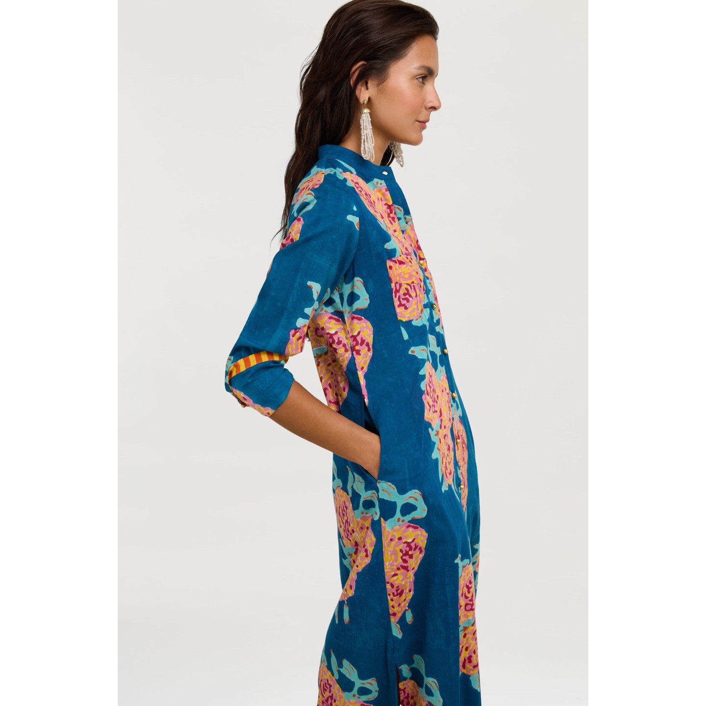 Long Open Kurta Leopard Flower Dark Teal
