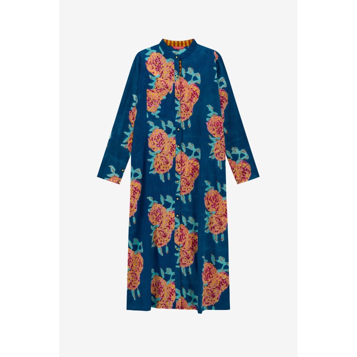 Long Open Kurta Leopard Flower Dark Teal