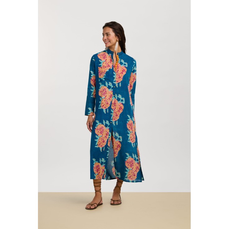Long Open Kurta Leopard Flower Dark Teal