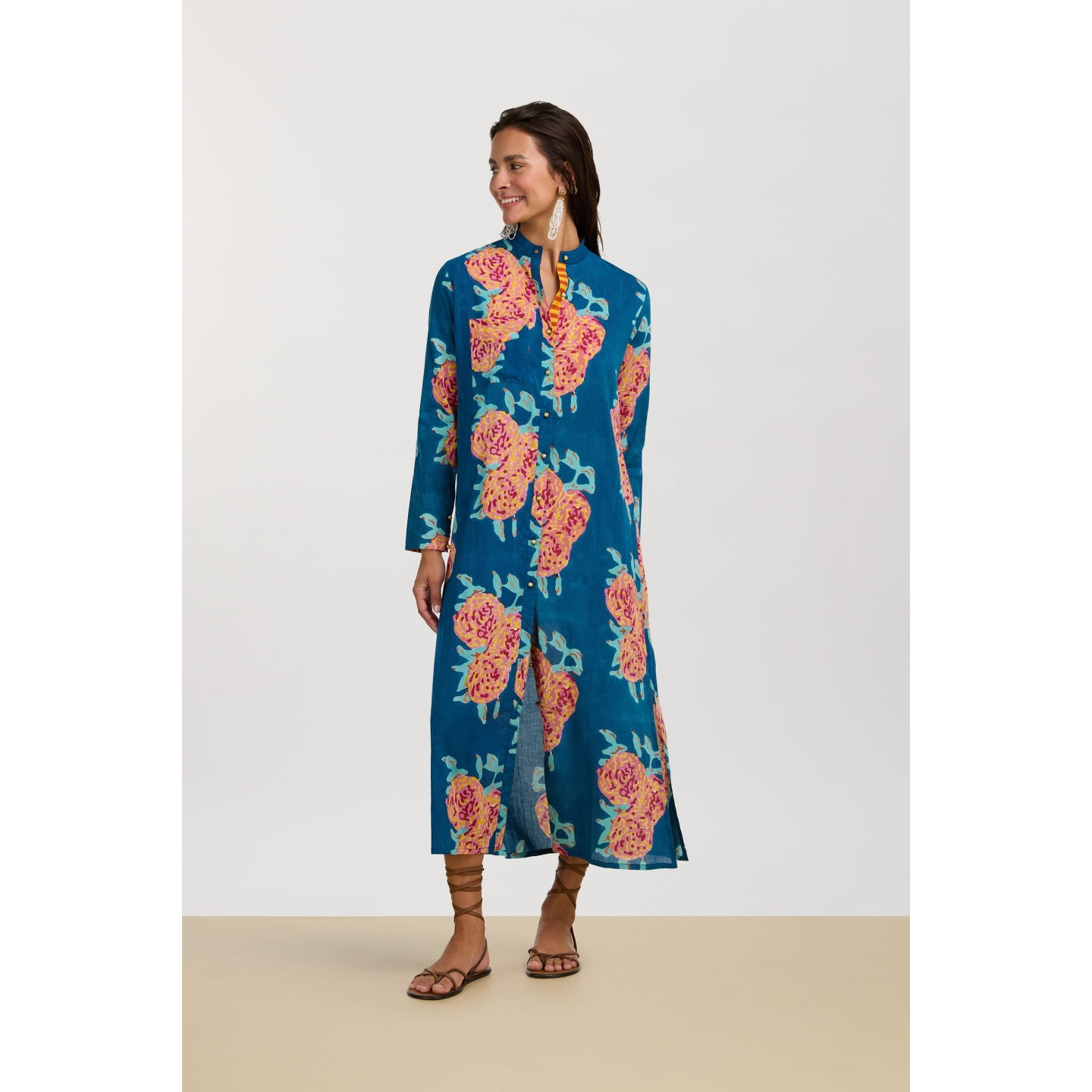 Kurta Lunga Aperta Leopard Flower Dark Teal