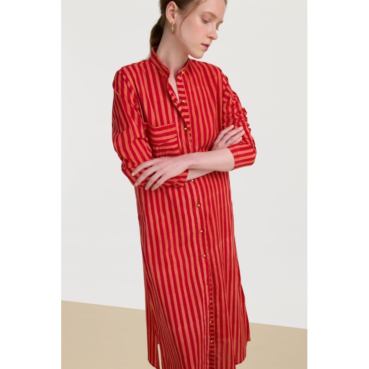 Long Open Kurta  Mini Stripes Red