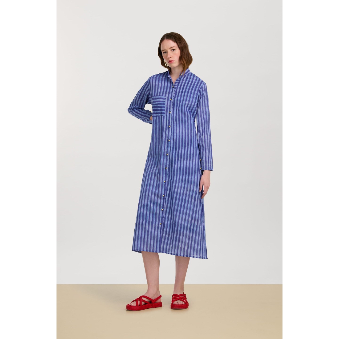Long Open Kurta Mini Stripes Plumbago