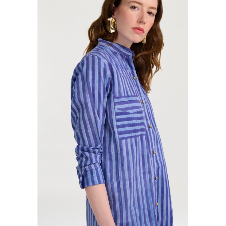 Long Open Kurta Mini Stripes Plumbago