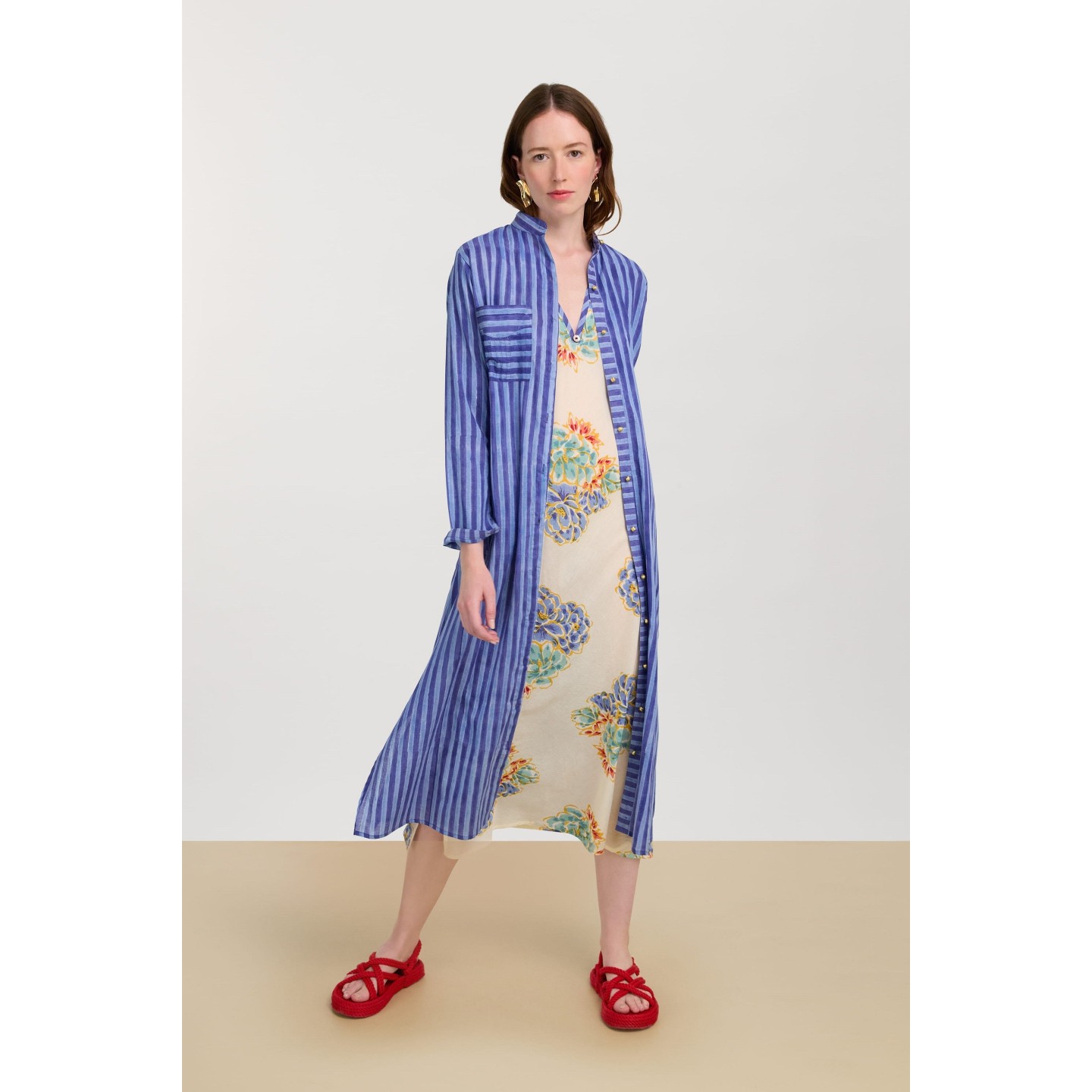 Long Open Kurta Mini Stripes Plumbago